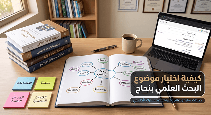 باحث جامعي يقرأ مراجع لتعلم كيفية اختيار موضوع البحث العلمي.