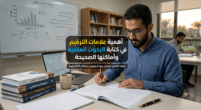 باحث يقوم بمراجعة وتصحيح علامات الترقيم في البحث العلمي.
